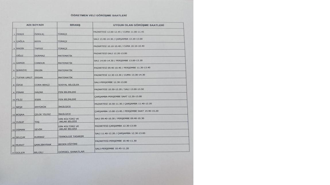 ÖĞRETMEN-VELİ GÖRÜŞME SAATLERİ 2024-2025